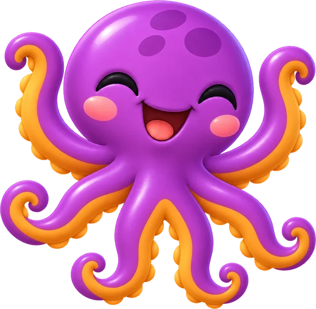 8cto, a purple octopus with orange tentacles, grinning