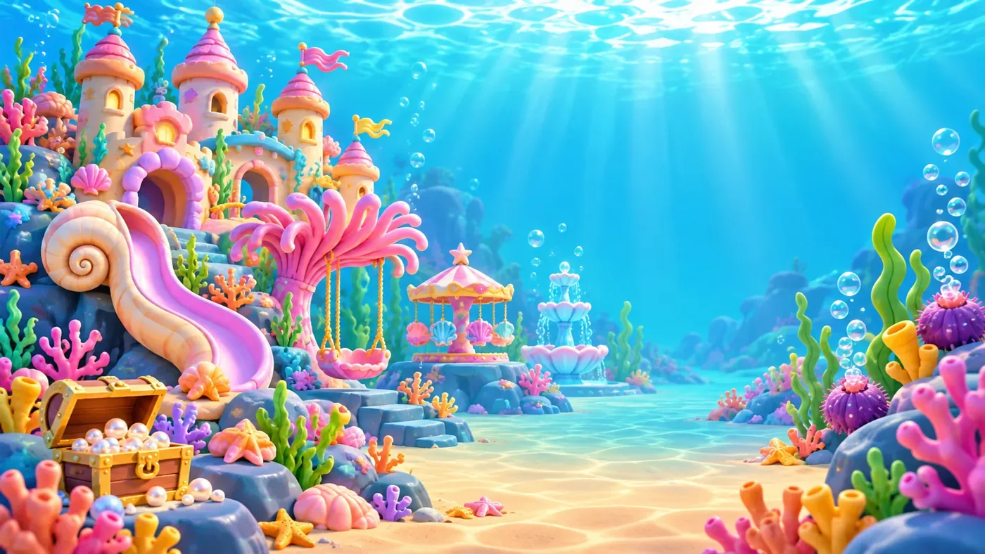 The octopus village on the seabed: coral towers, a slide and a treasure chest