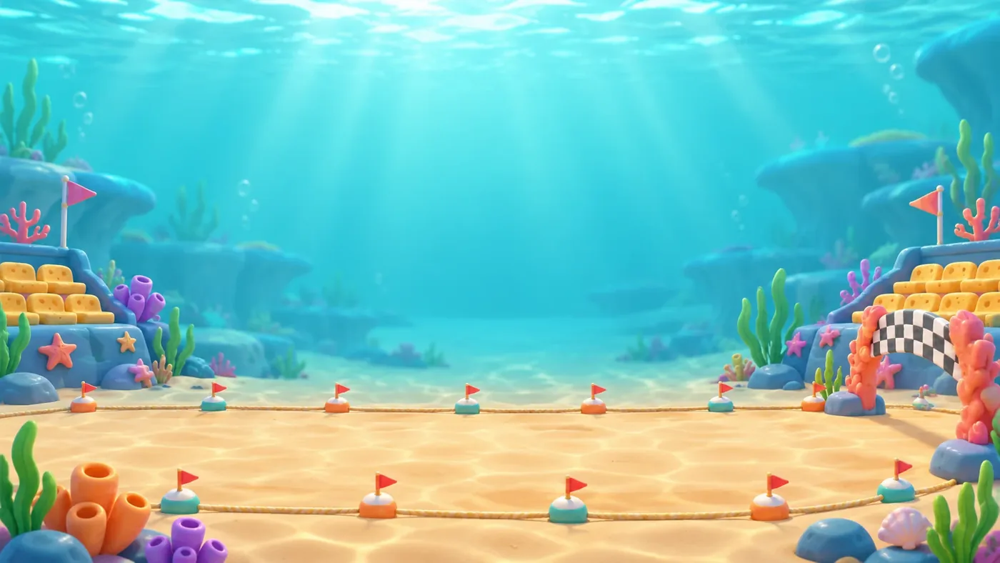 The sandy race track on the seabed, marked out with little flags