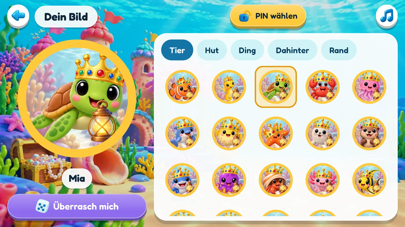 Dein Bild: Mias Schildkröte mit Krone und Laterne in einem gelben Ring, daneben eine Auswahl an Tieren
