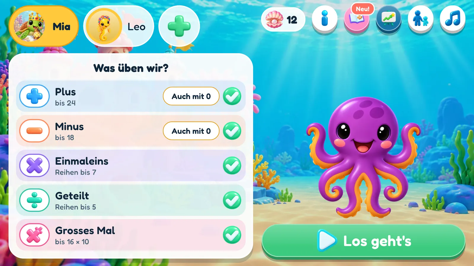 Das Menü: oben die Knöpfe der zwei Kinder, darunter die fünf Rechenarten mit einem Häkchen bei jeder, 8cto im offenen Wasser und der Knopf «Los geht's»