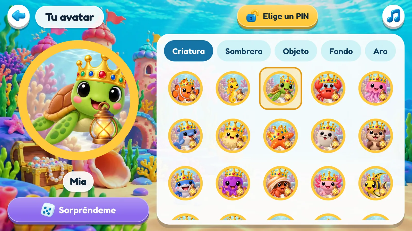 Tu avatar: la tortuga marina de Mia con corona y farol dentro de un aro amarillo, las pestañas Criatura, Sombrero, Objeto, Fondo y Aro, una cuadrícula de criaturas para elegir y el botón Sorpréndeme