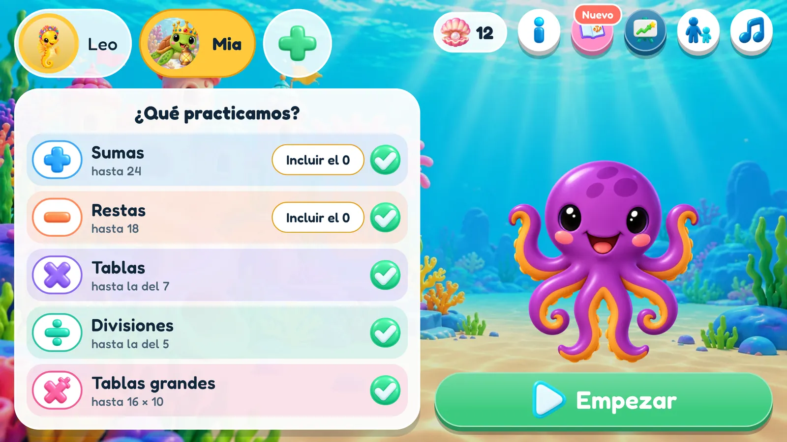 El menú: arriba los botones de dos niños, Leo y Mia; debajo, «¿Qué practicamos?» con los cinco tipos de cálculo y una marca en cada uno; 8cto en el agua y el botón Empezar
