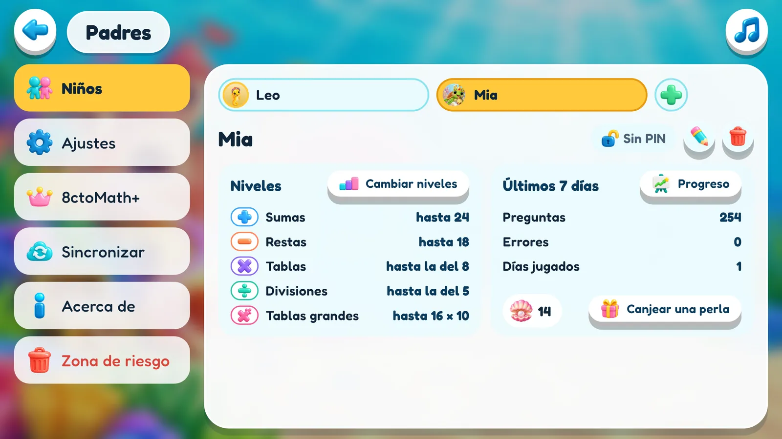 El área de Padres: las pestañas Niños, Ajustes, 8ctoMath+, Sincronizar, Acerca de y Zona de riesgo; la ficha de Mia con sus cinco niveles, los últimos 7 días y los botones Progreso y Canjear una perla