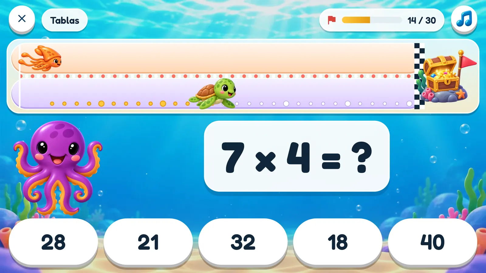 Una ronda de Tablas en 8ctoMath: la pregunta 7 × 4 con cinco respuestas para elegir, encima la pista de carreras con el calamar Brainy en un carril y una tortuga en el otro, y 8cto animando desde un lado