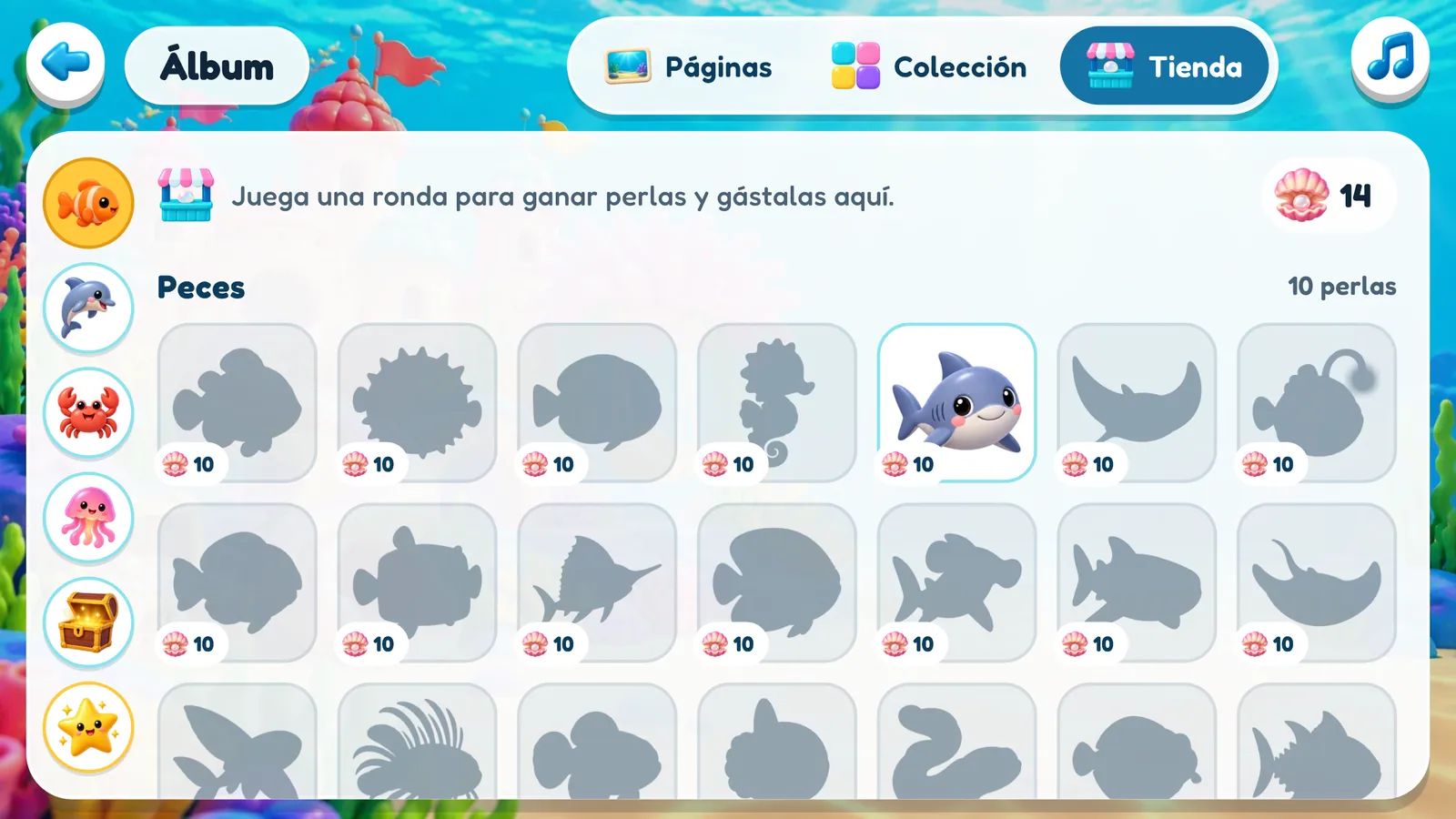 La tienda del álbum: «Juega una ronda para ganar perlas y gástalas aquí», filas de siluetas grises de stickers de Peces con un precio de 10 perlas debajo de cada una, y el tiburón amistoso ya comprado y a color