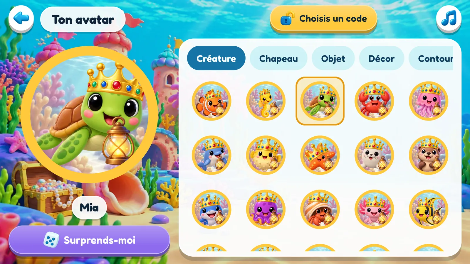L’écran «&nbsp;Ton avatar&nbsp;»&nbsp;: la tortue de Mia avec une couronne et une lanterne dans un cercle jaune, et à côté une grille de créatures à choisir, avec les onglets Créature, Chapeau, Objet, Décor et Contour