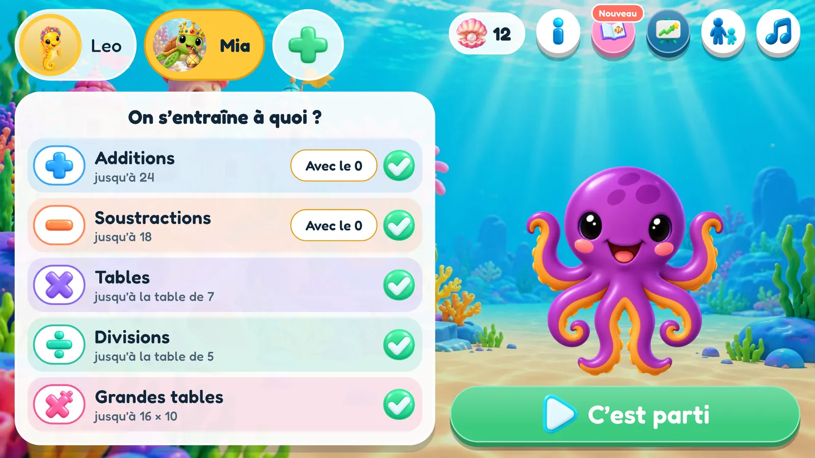 Le menu&nbsp;: en haut, les boutons des deux enfants&nbsp;; en dessous, la liste «&nbsp;On s’entraîne à quoi&nbsp;?&nbsp;» avec les cinq types de calcul, chacun coché, 8cto à droite et le bouton «&nbsp;C’est parti&nbsp;»