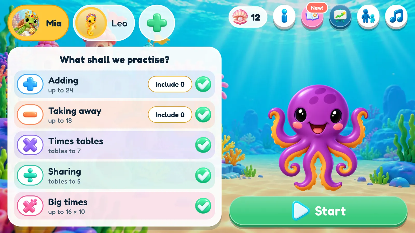 The menu: two children's buttons at the top, a list of the five kinds of calculation with a tick beside each, 8cto in the open water and a Start button