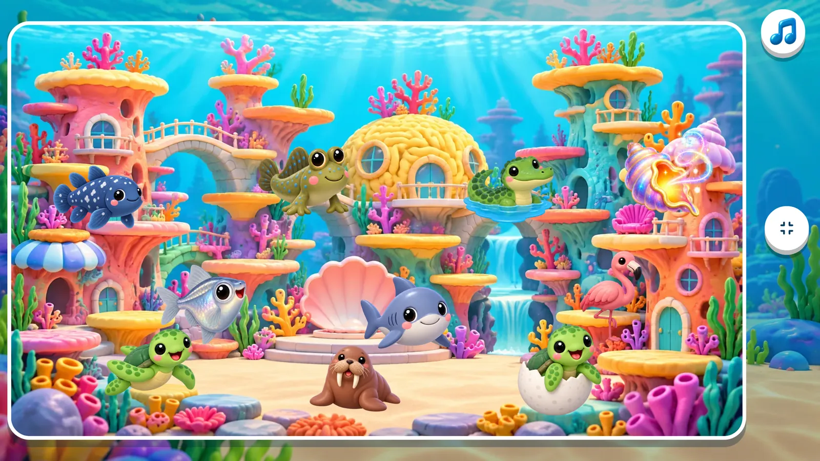 The coral reef page with a dozen stickers stuck on it: turtles, a walrus, a shark, a blue-tang and more, among the coral towers