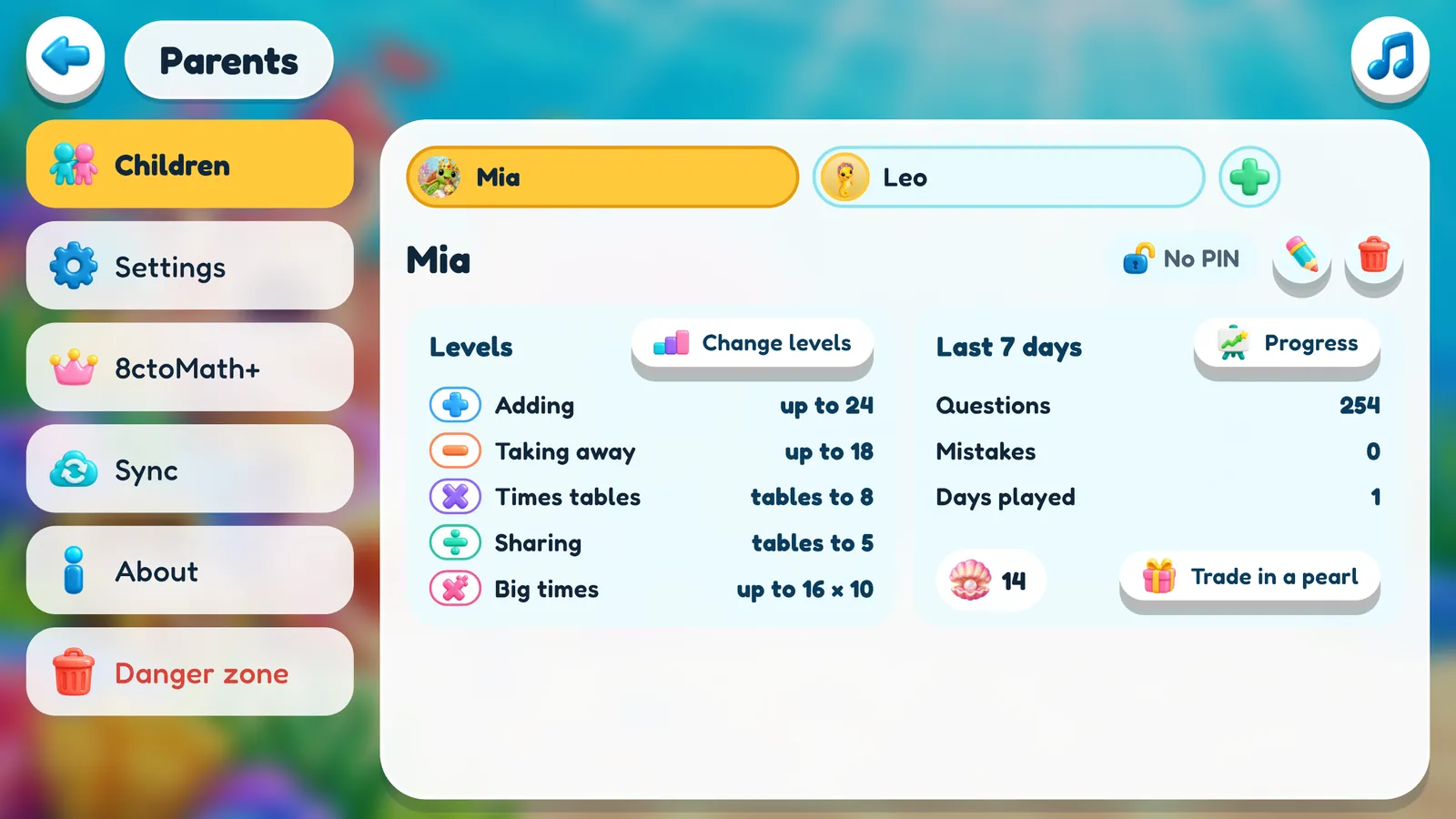 The parents' area: tabs for Children, Settings, 8ctoMath+, Sync, About and Danger zone; Mia's card with her five levels, the last seven days, and Progress and Trade in a pearl buttons