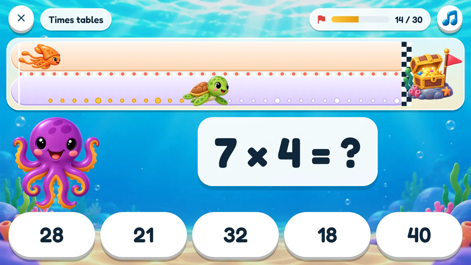 A quiz in 8ctoMath: the question 7 × 4 with five answers to pick from, the race track above it with Brainy the squid in one lane and a turtle in the other, and 8cto cheering from the side