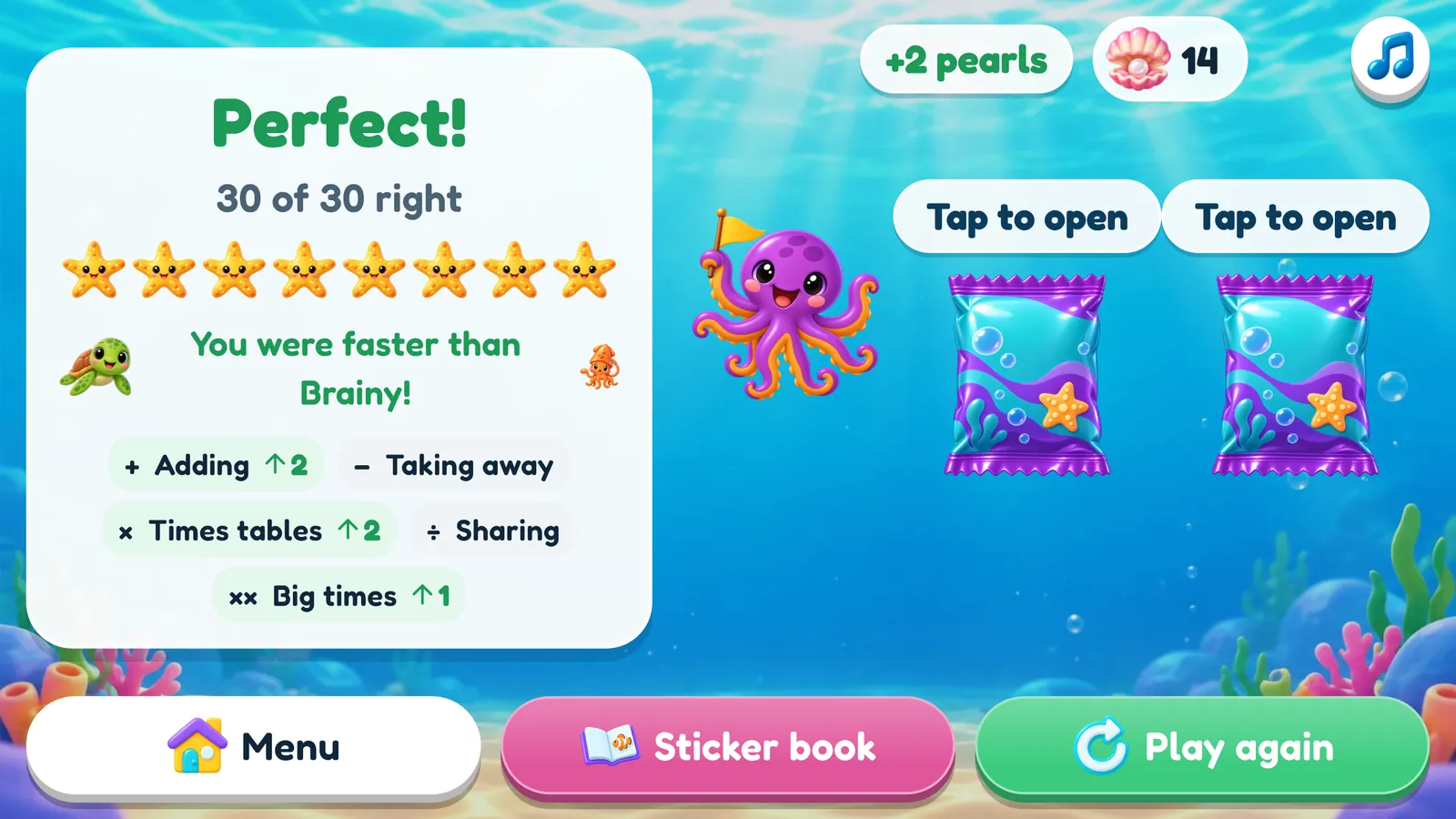 The results: Perfect, 30 of 30 right, eight lit starfish, faster than Brainy, two pearls earned, two sticker packs waiting to be opened, and the levels for adding and times tables gone up